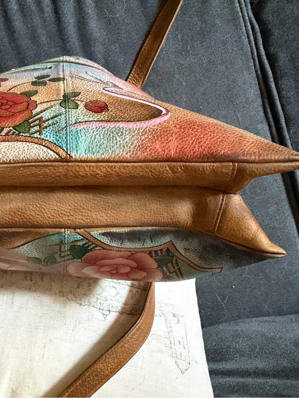 Anuschka Hand Painted Leather Shoulder/Tote Bag Floral Butterfly Art Purse - Picture 10 of 12